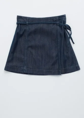 Mininederdel i denim med bindebånd